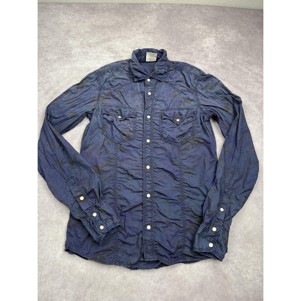 True Religion Shirt Womens Medium Blue Floral Pearl Snap Western Long Sleeve USA